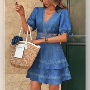 Lace Insert Trim Puff Sleeve Mini Dress Blue